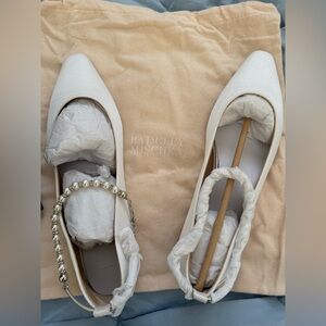 Badgley Mischka White Flats with Pearl Strap